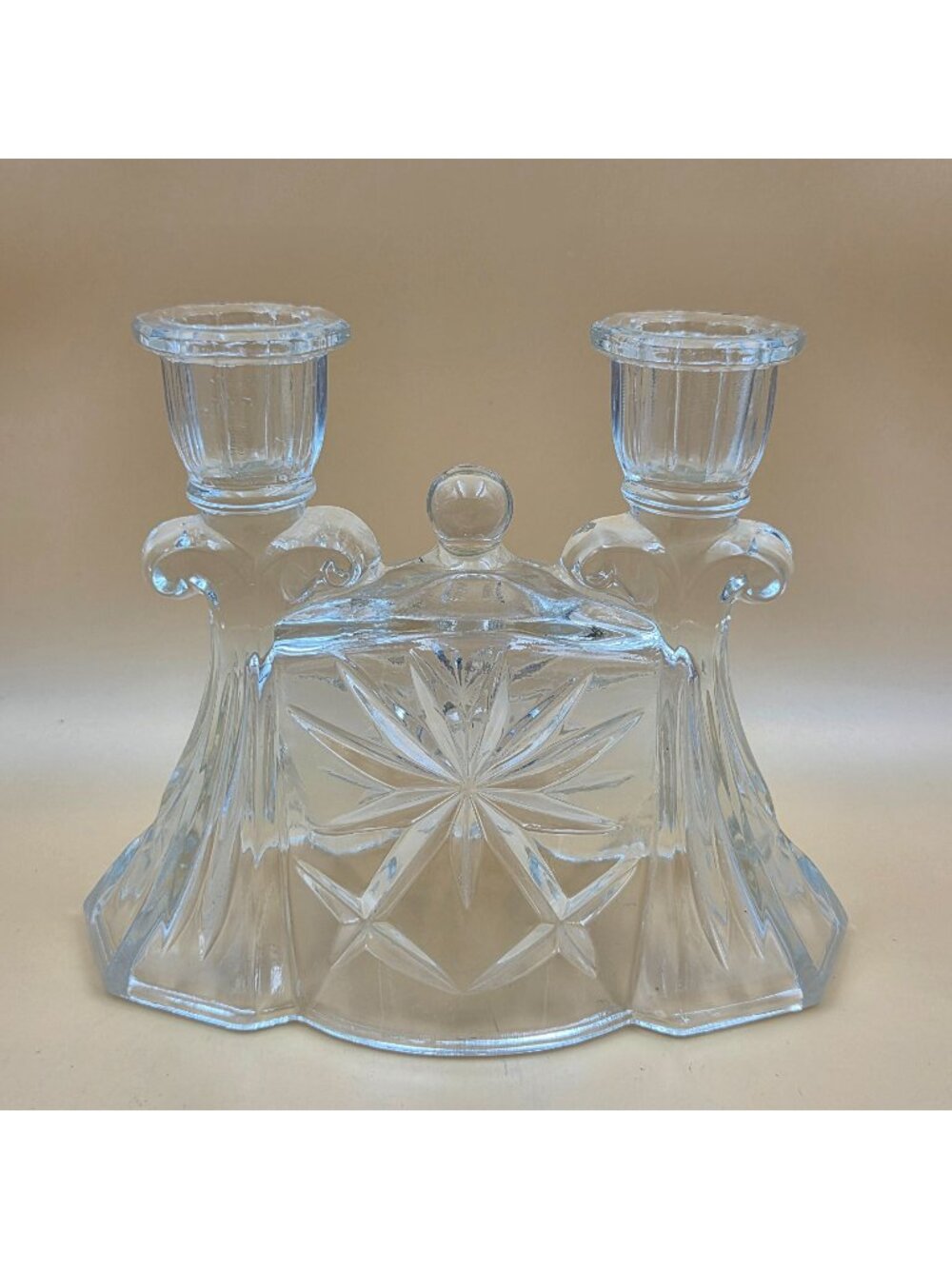 Anchor Hocking Prescut Clear Glass Double Light Candlestick Star Design